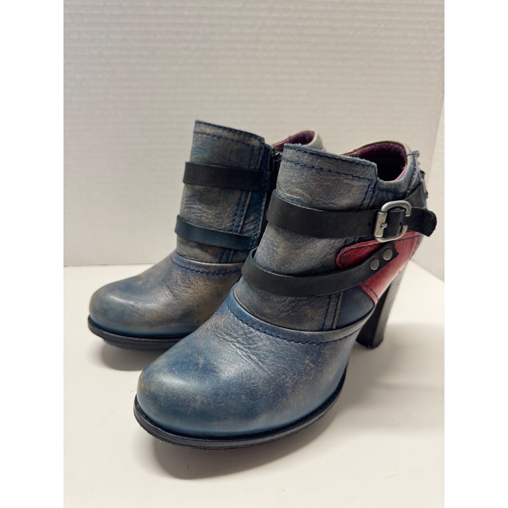 Atrai Blue Red Distressed Leather Buckle Ankle Boots Size 36